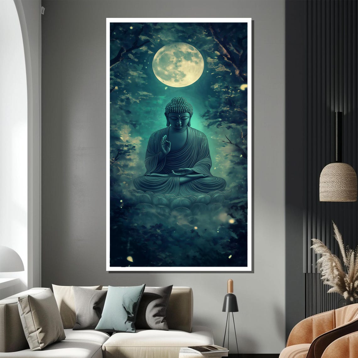 Serene Buddha Under Full Moon Teal Forest Spiritual Wall Poster - Image 2