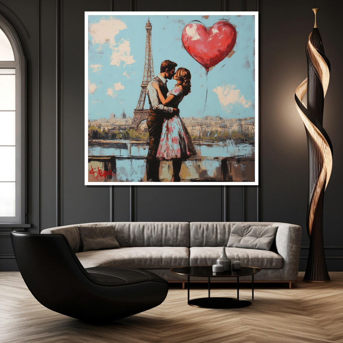 Paris Eiffel Tower Kiss Heart Balloon Romantic Terrace Art Poster - Image 3