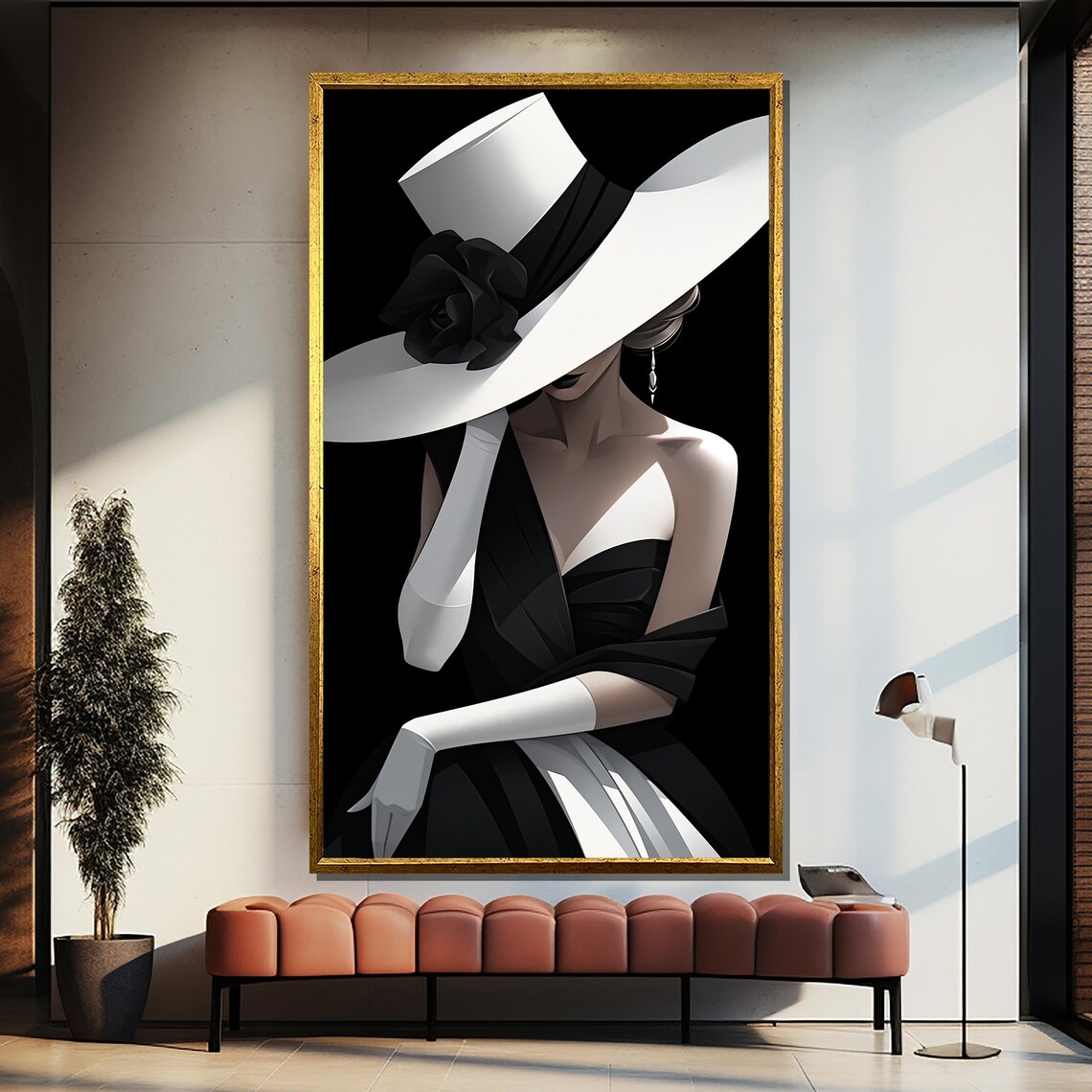 High Contrast Monochrome Woman In White Hat And Black Gown Poster