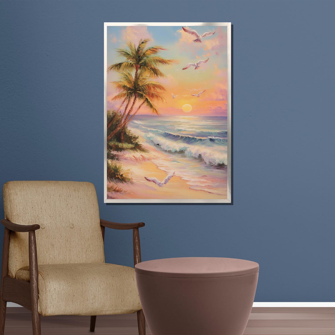 Tropical Beach Sunset Palm Trees and Soaring Seagulls Poster - Image 3