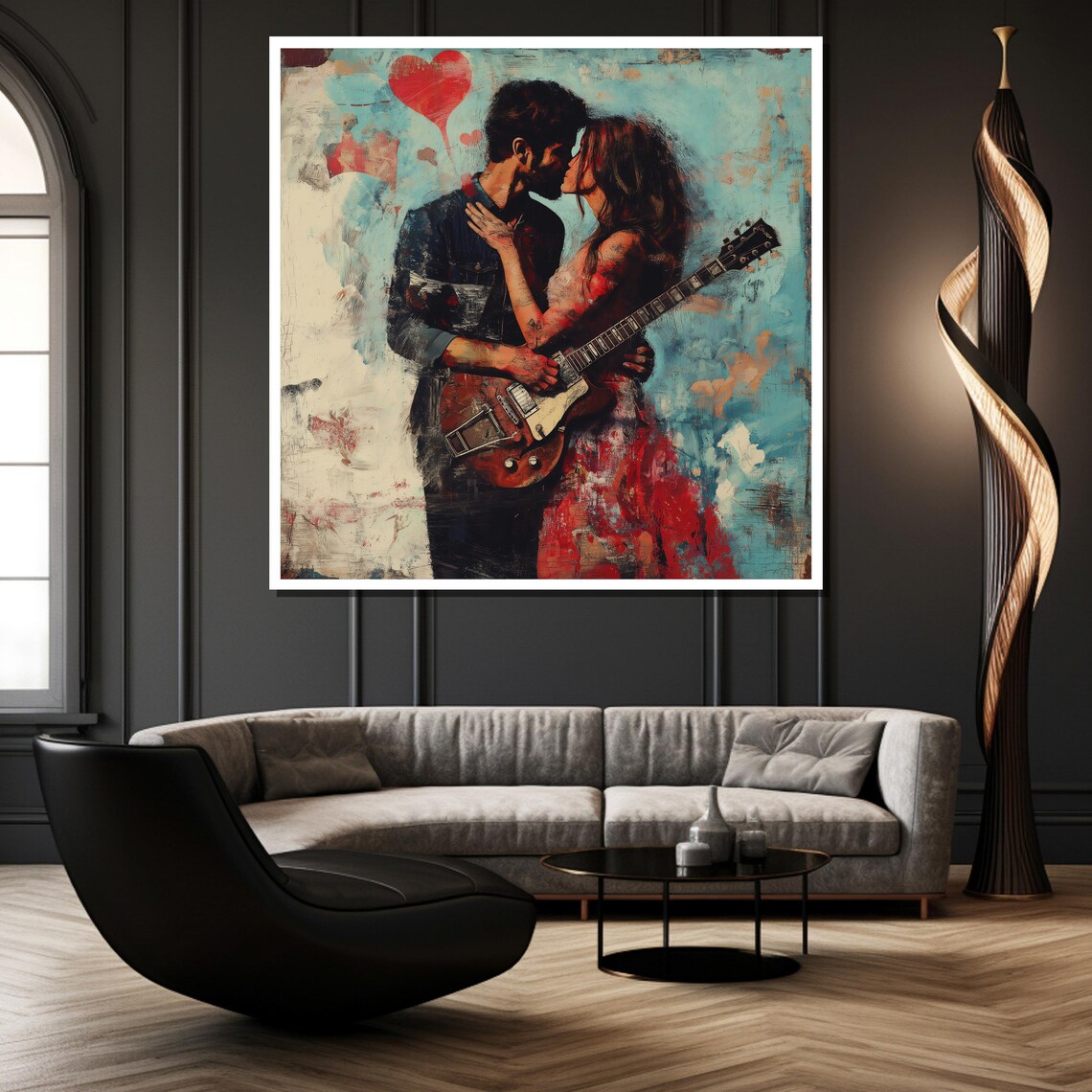 Romantic Music Lovers Sharing Guitar Kiss Abstract Art Poster - Image 3