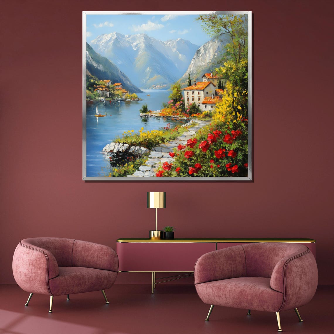 Charming Mountain Lakeside Village With Red Roofs Art Poster - Image 3