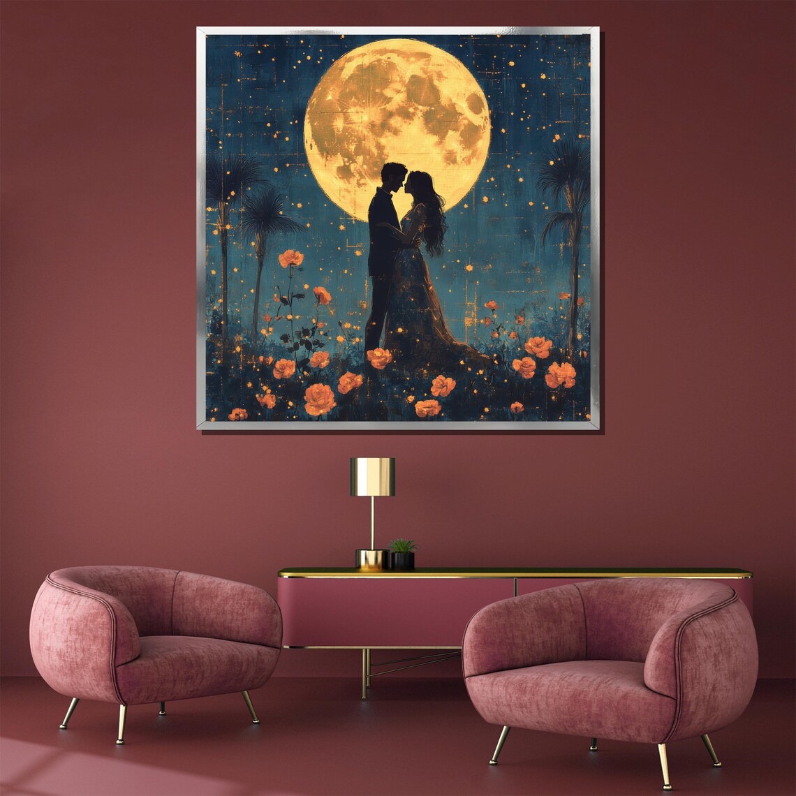Moonlit Romantic Couple Embrace Floral Night Sky Golden Poster - Image 4