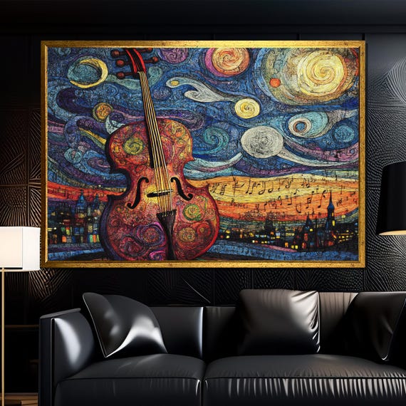 Colorful Violin And Starry Night Painting Modern Music Wall Art And Unique Gift For Art And Music Lovers