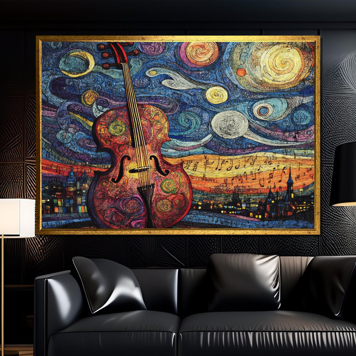 Violin Starry Night Swirl Musical Sky Art Painting Wall Poster