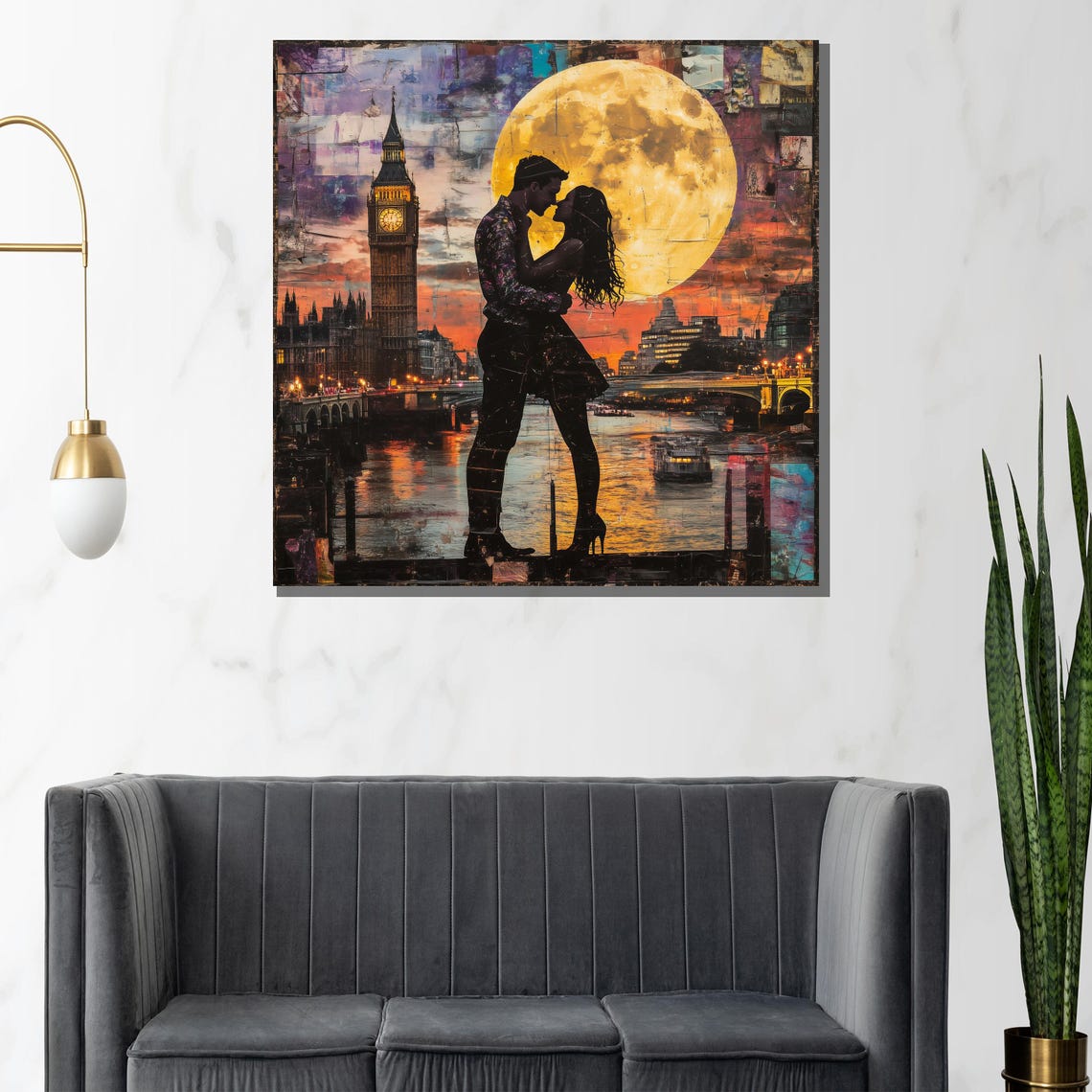 London Full Moon Romance Couple Skyline Big Ben Painting Poster - Image 3