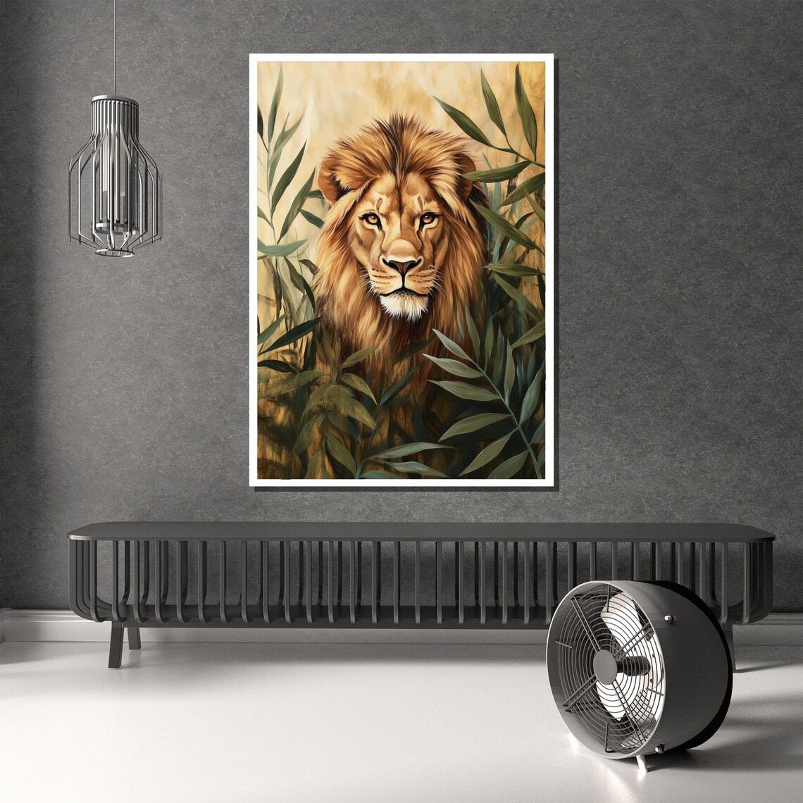Golden Lion Portrait Emerging From Lush Bamboo Foliage Poster - Image 2
