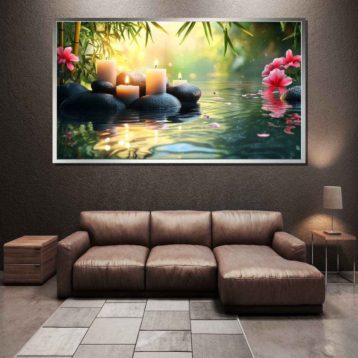 Zen Spa Candles And Smooth Stones Floating On Calm Water Poster - Image 3