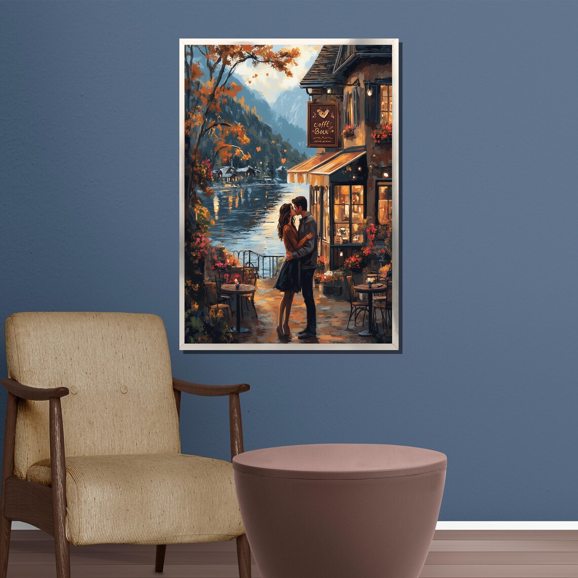 Romantic Lakeside Cafe Autumn Kiss Mountain Terrace Art Poster - Image 4
