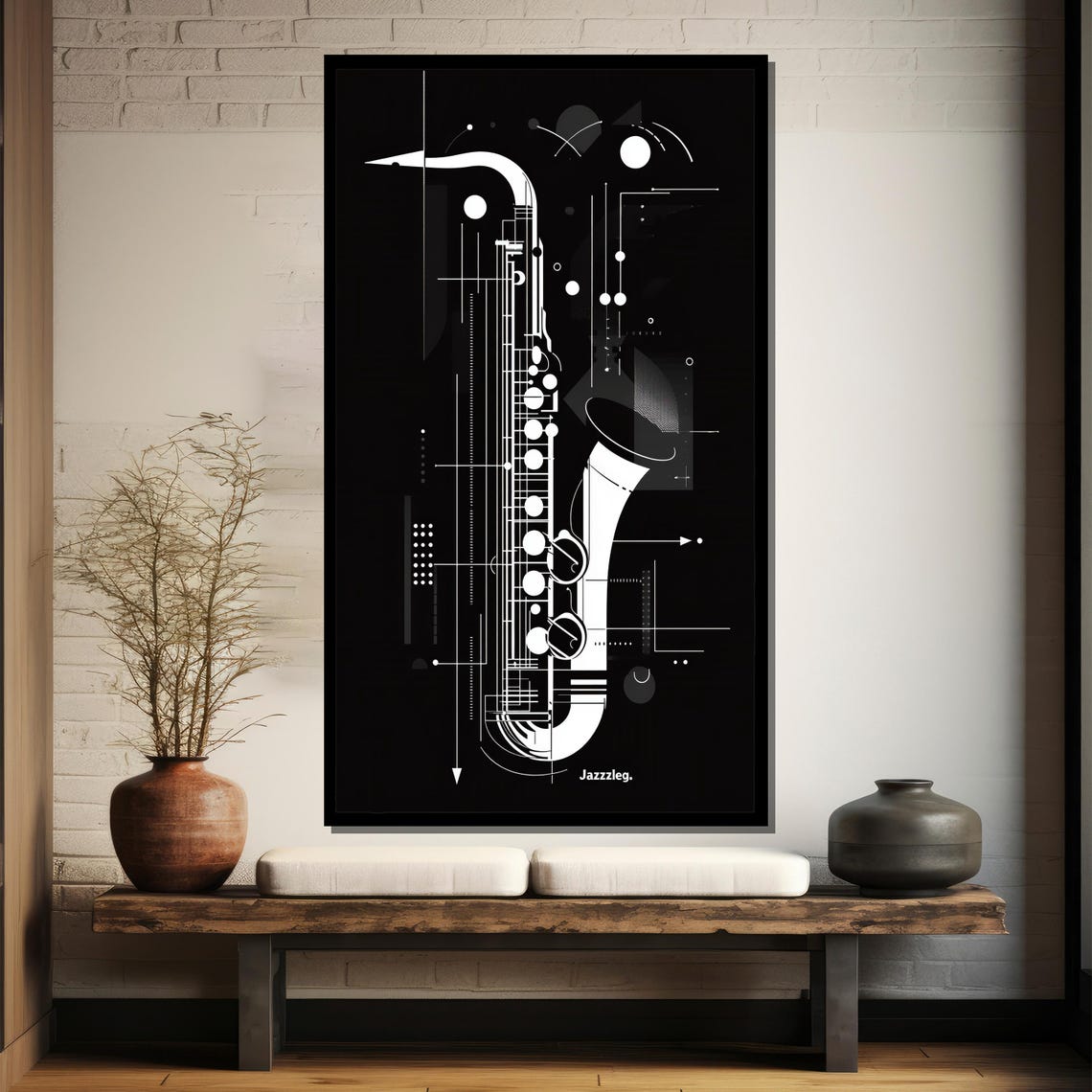 Modern Black and White Abstract Saxophone Jazz Line Art Poster - Image 4