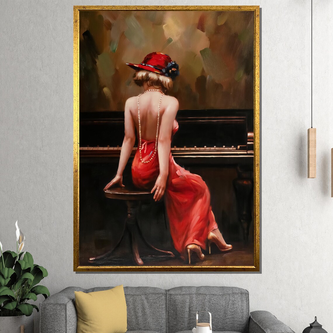 Elegant Woman Red Dress at Piano Oil Painting Portrait Poster