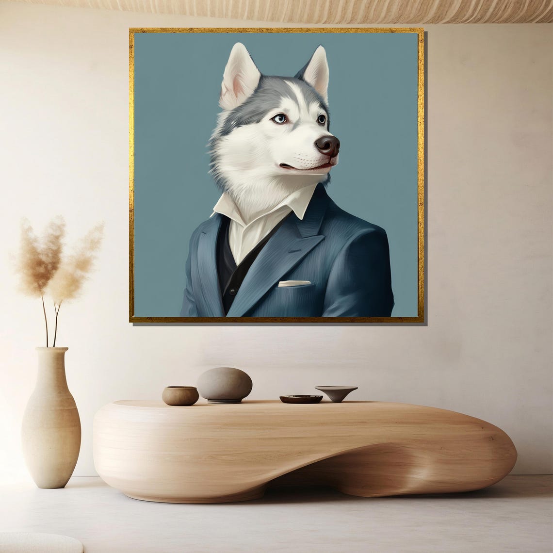 Dapper Husky In Tailored Navy Suit Funny Dog Portrait Poster