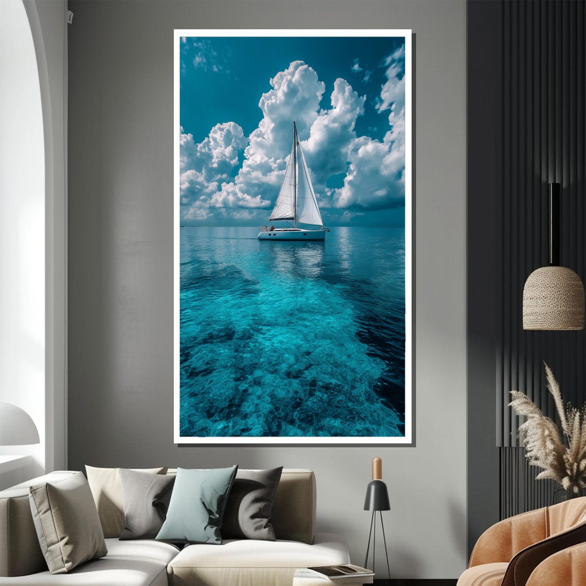 Sailing On Crystal Clear Waters Painting Serene Ocean Wall Art With Vibrant Clouds Nautical Gift For Sea Lovers - Image 2