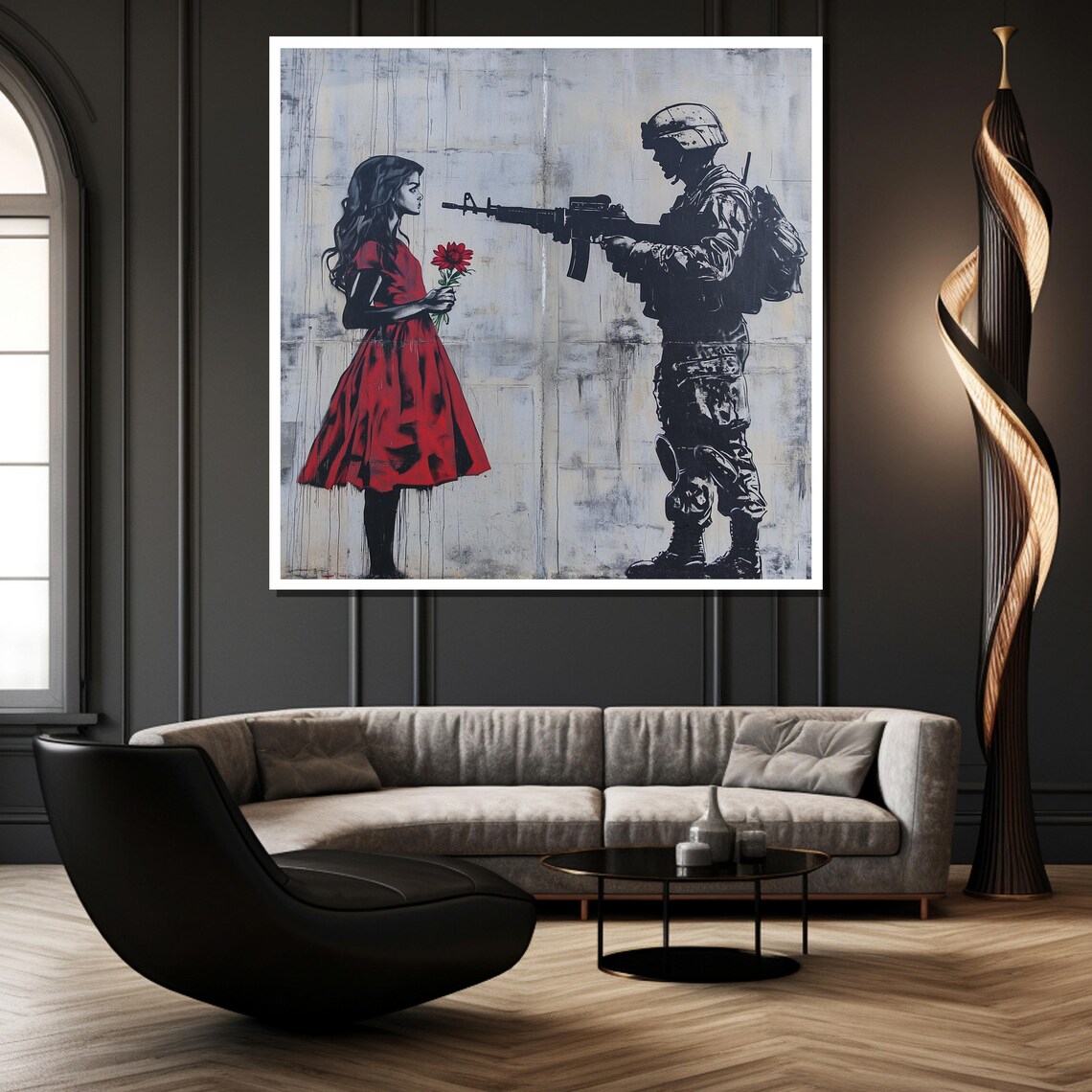 Soldier Aiming At A Girl In Red Dress Holding A Flower Poster - Image 2