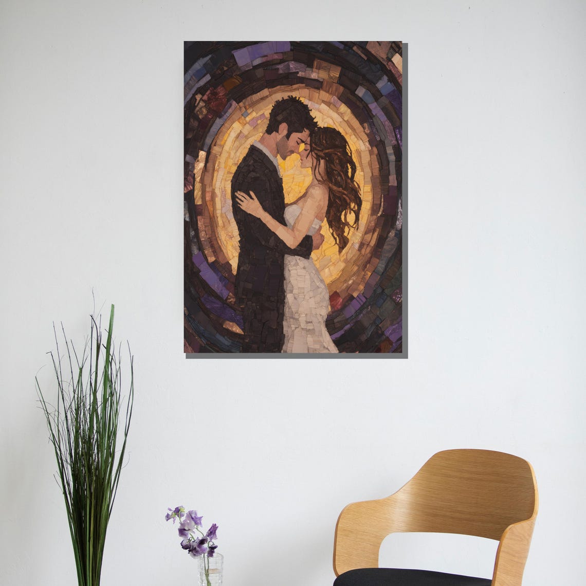 Romantic Mosaic Tile Couple Embrace With Golden Halo Circle Poster - Image 3