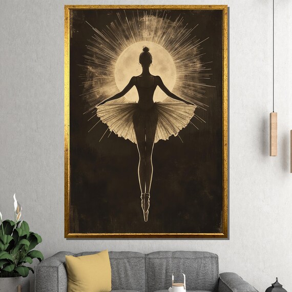Moonlit Ballerina Silhouette Before a Radiant Golden Sunburst Poster