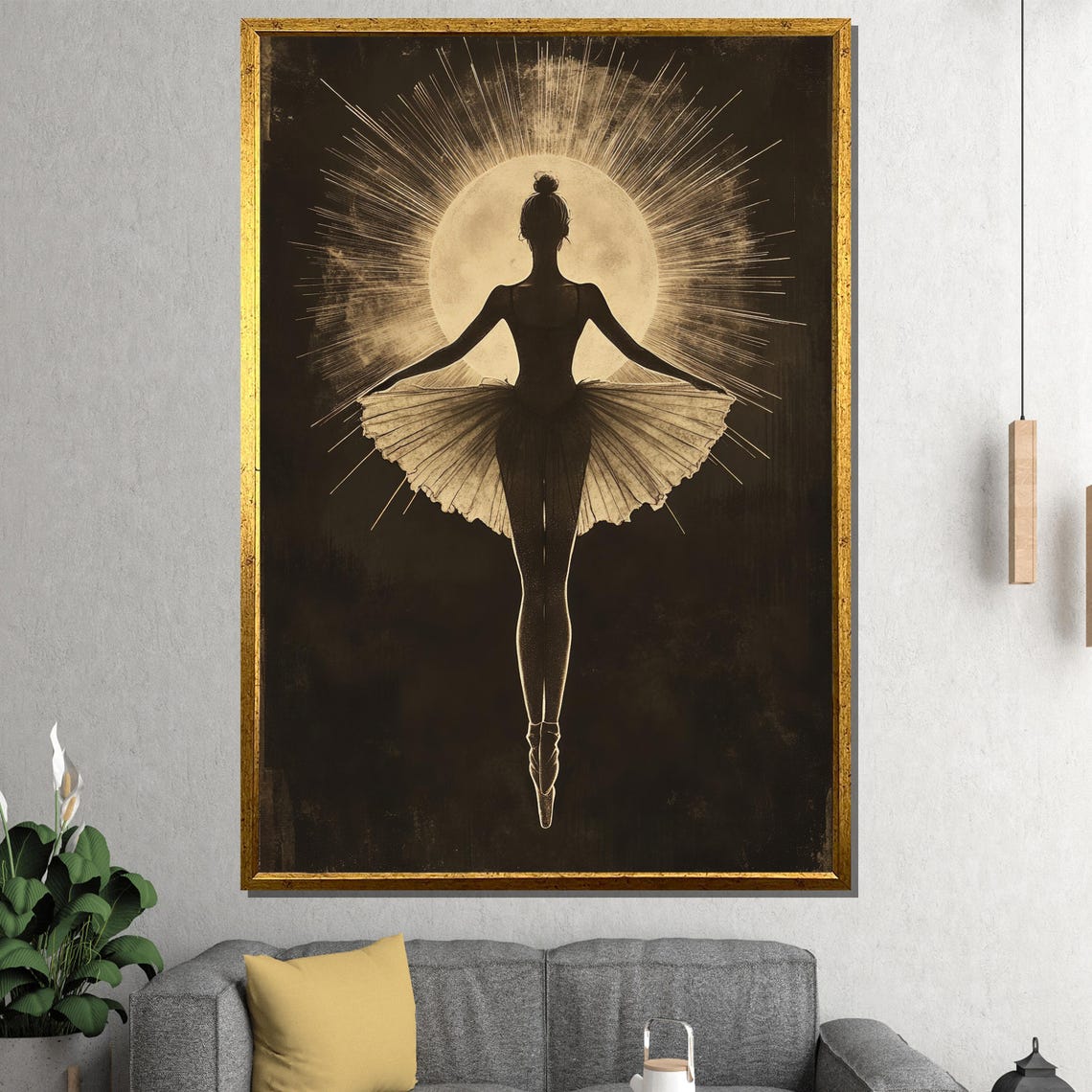 Moonlit Ballerina Silhouette Before a Radiant Golden Sunburst Poster