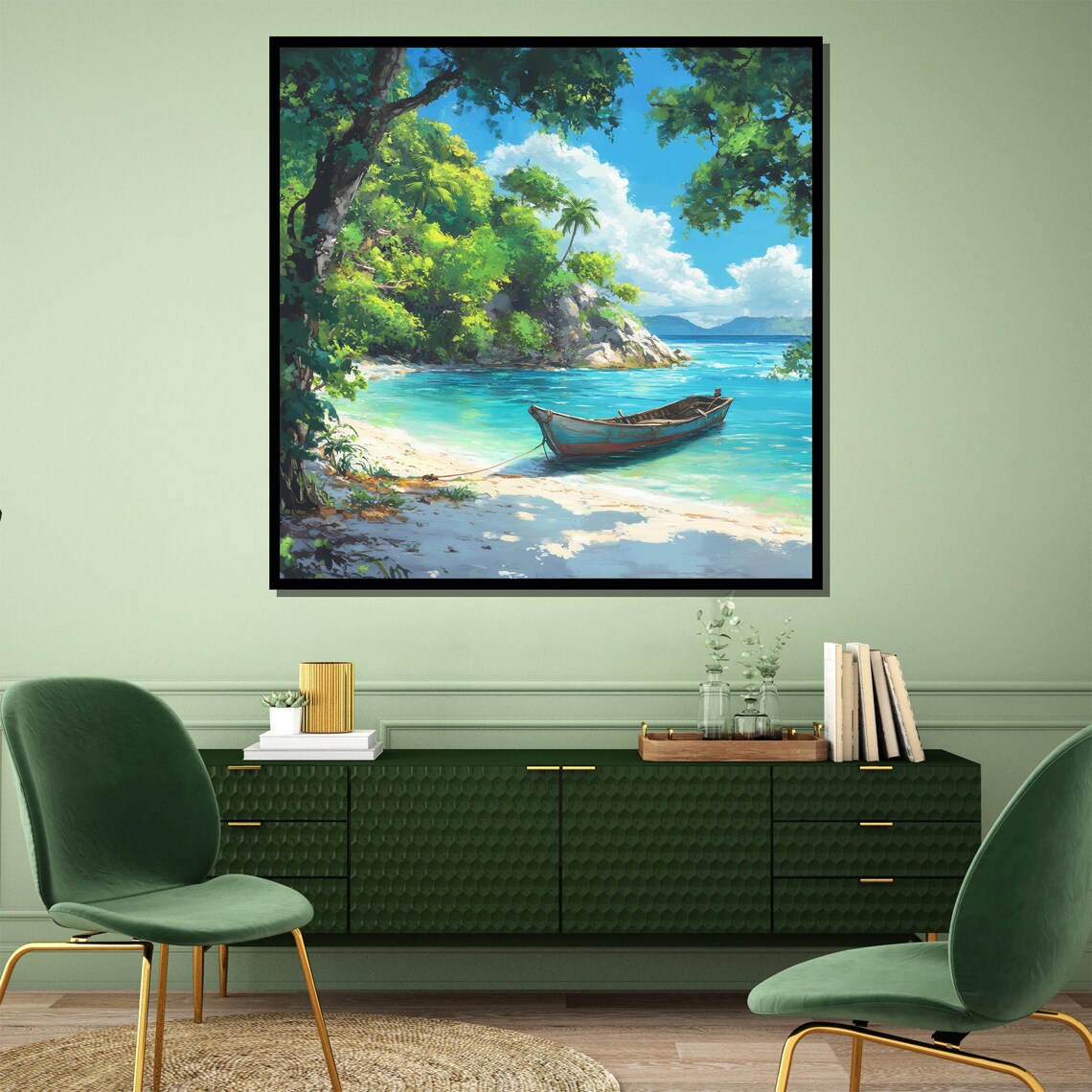 Tropical Cove Wooden Boat Turquoise Lagoon Scene Island Poster - Image 4