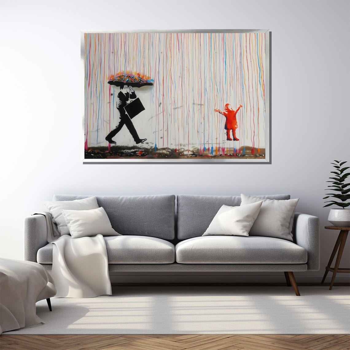 Businessman Shielding Himself In Colorful Rain Graffiti Poster - Image 3