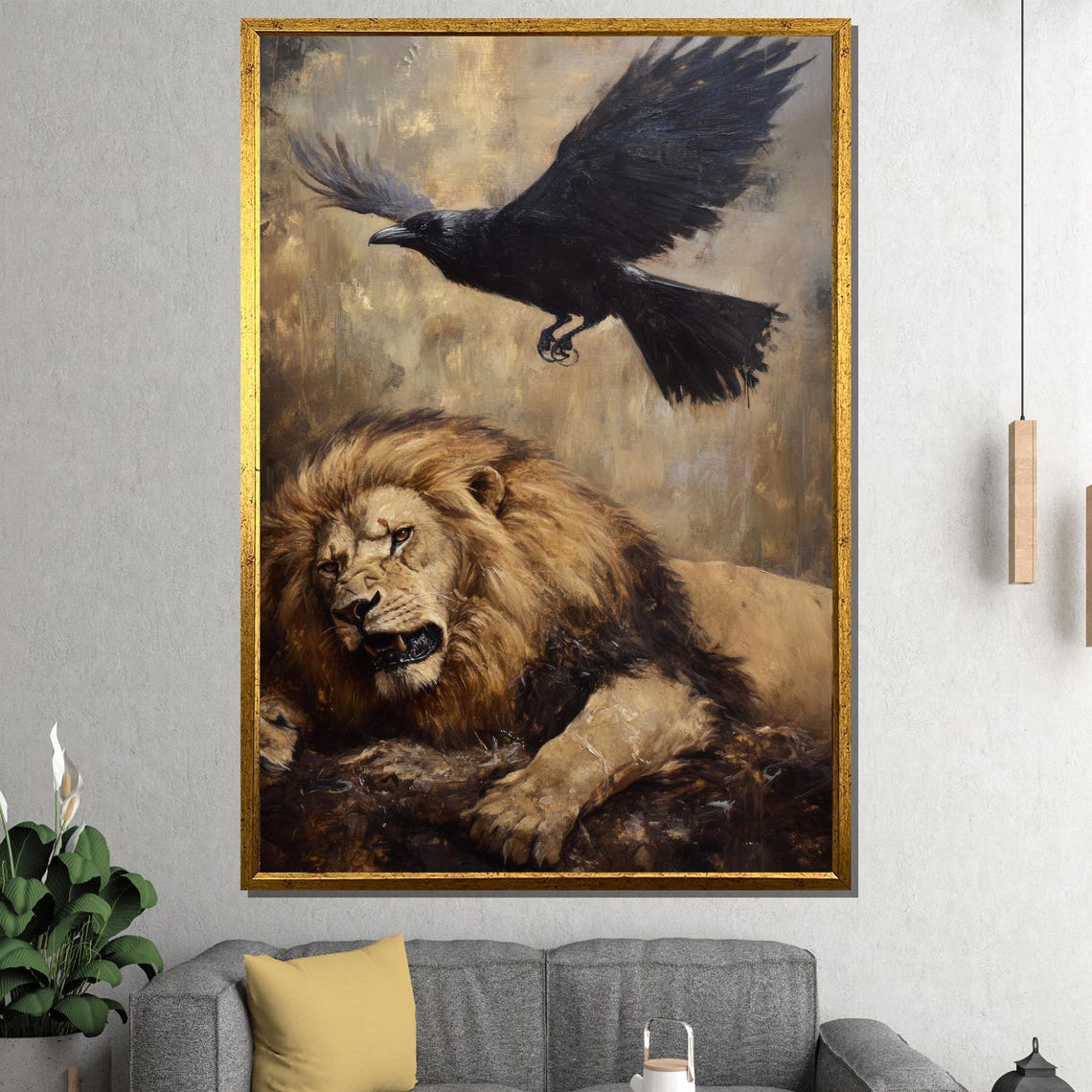 Resting Lion with a Raven Flying Above Moody Wildlife Poster