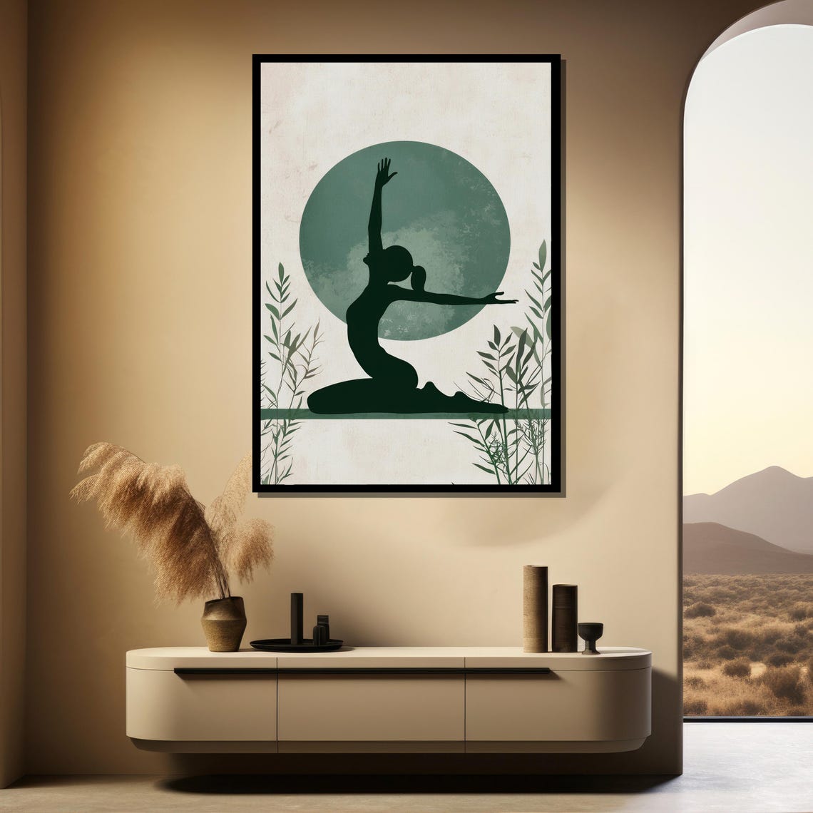 Yoga Silhouette Sage Green Moon Bamboo Minimalist Wall Poster - Image 4