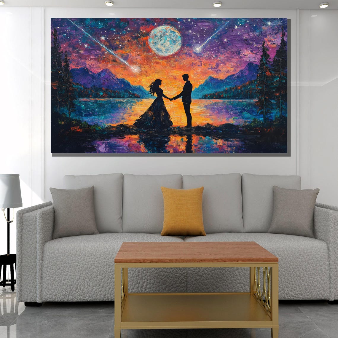 Romantic Starry Night Couple Moonlit Lake Shooting Stars Poster - Image 2