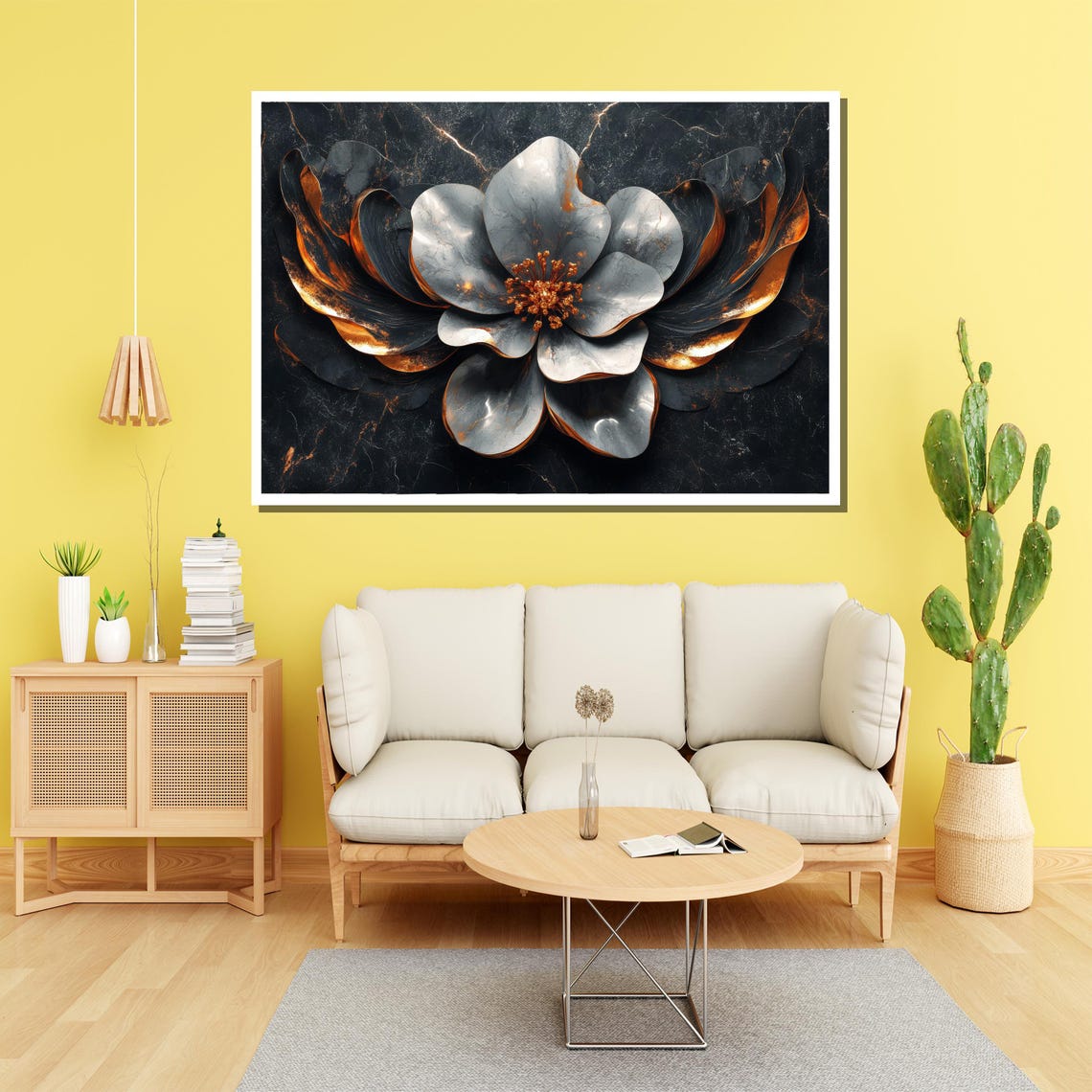 Black And Gold 3D Marble Flower Sculpture Dramatic Art Poster - Image 2
