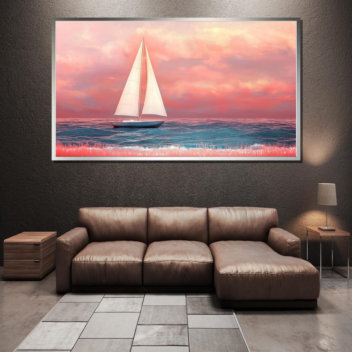 Sailboat Pink Sunset Glow Over Calm Ocean Horizon Scene Poster - Image 3