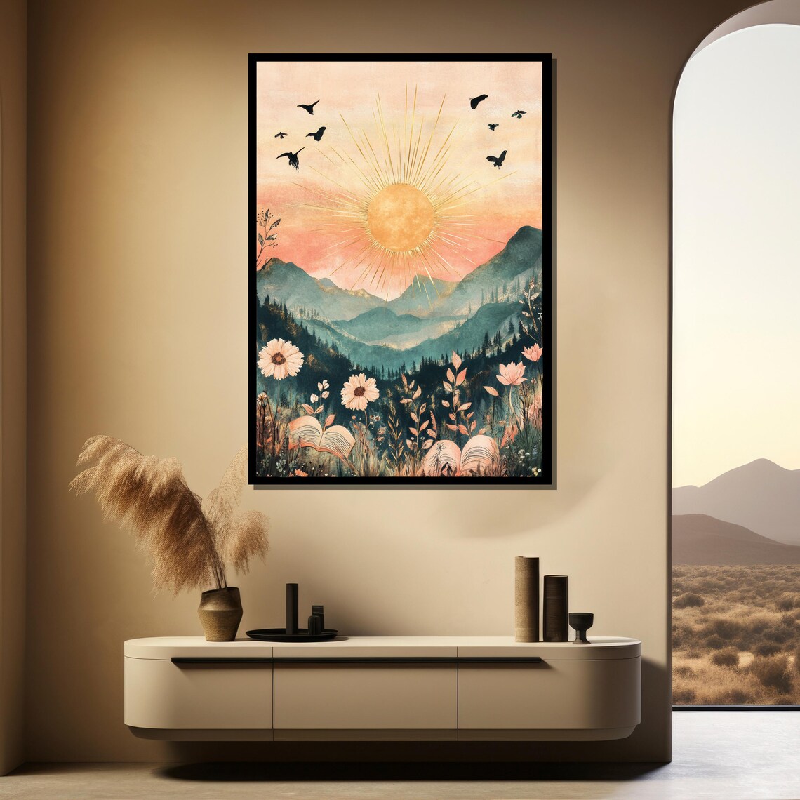 Boho Golden Sun Rising Over Mountains Wildflowers Birds Art Poster - Image 4