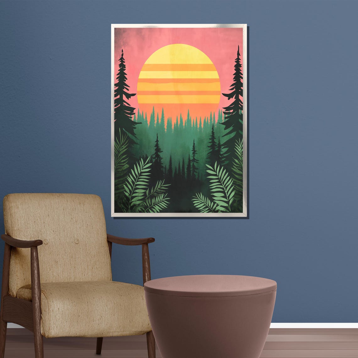 Retro Sunset Forest Silhouette Pine Trees Vibrant Art Poster - Image 3