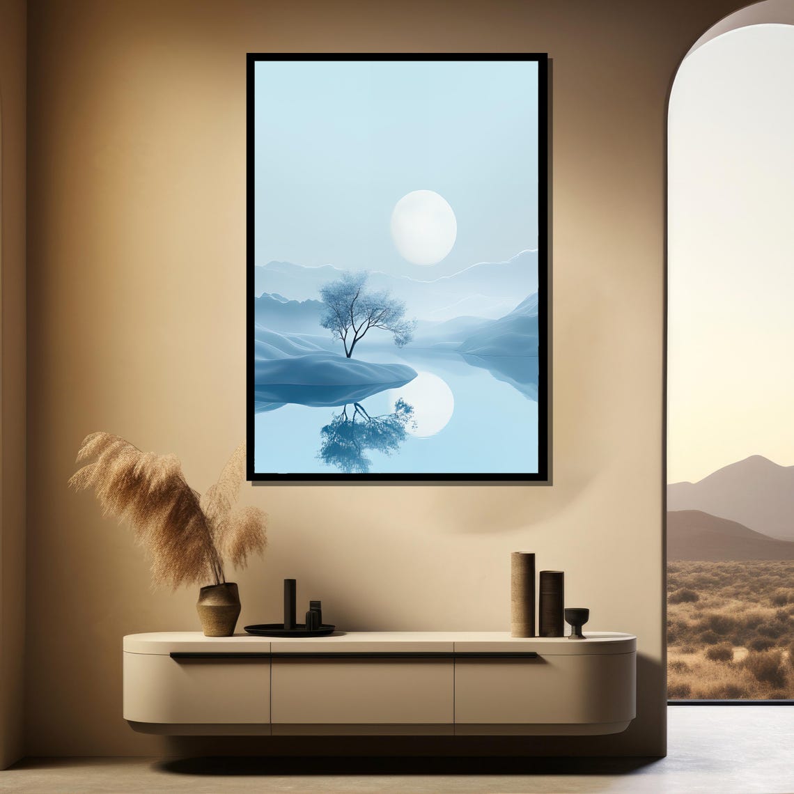 Serene Moonlight Blue Lake Misty Mountains Landscape Art Poster - Image 5