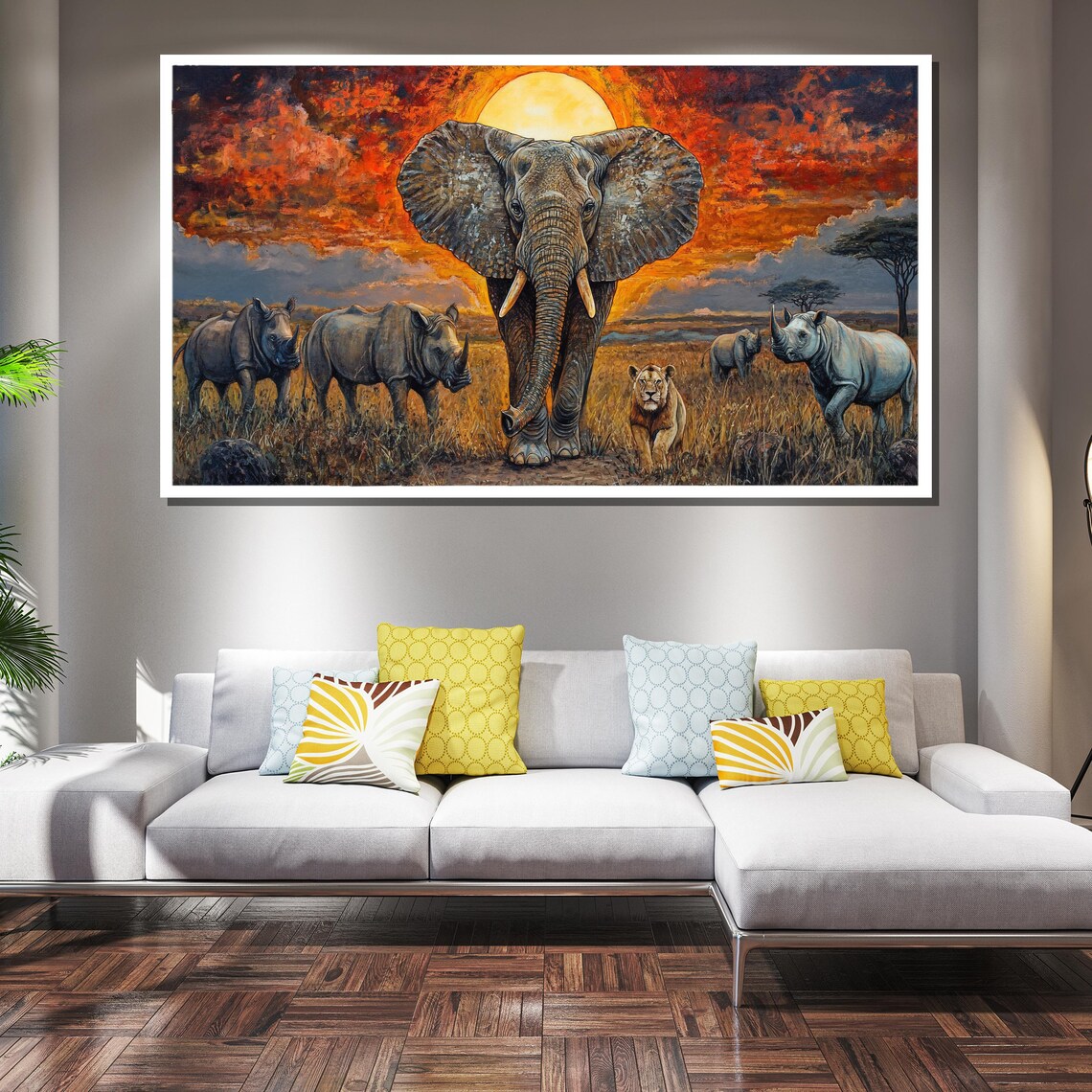 African Safari Sunset Elephant Rhino Lion Golden Framed Wildlife Poster - Image 2