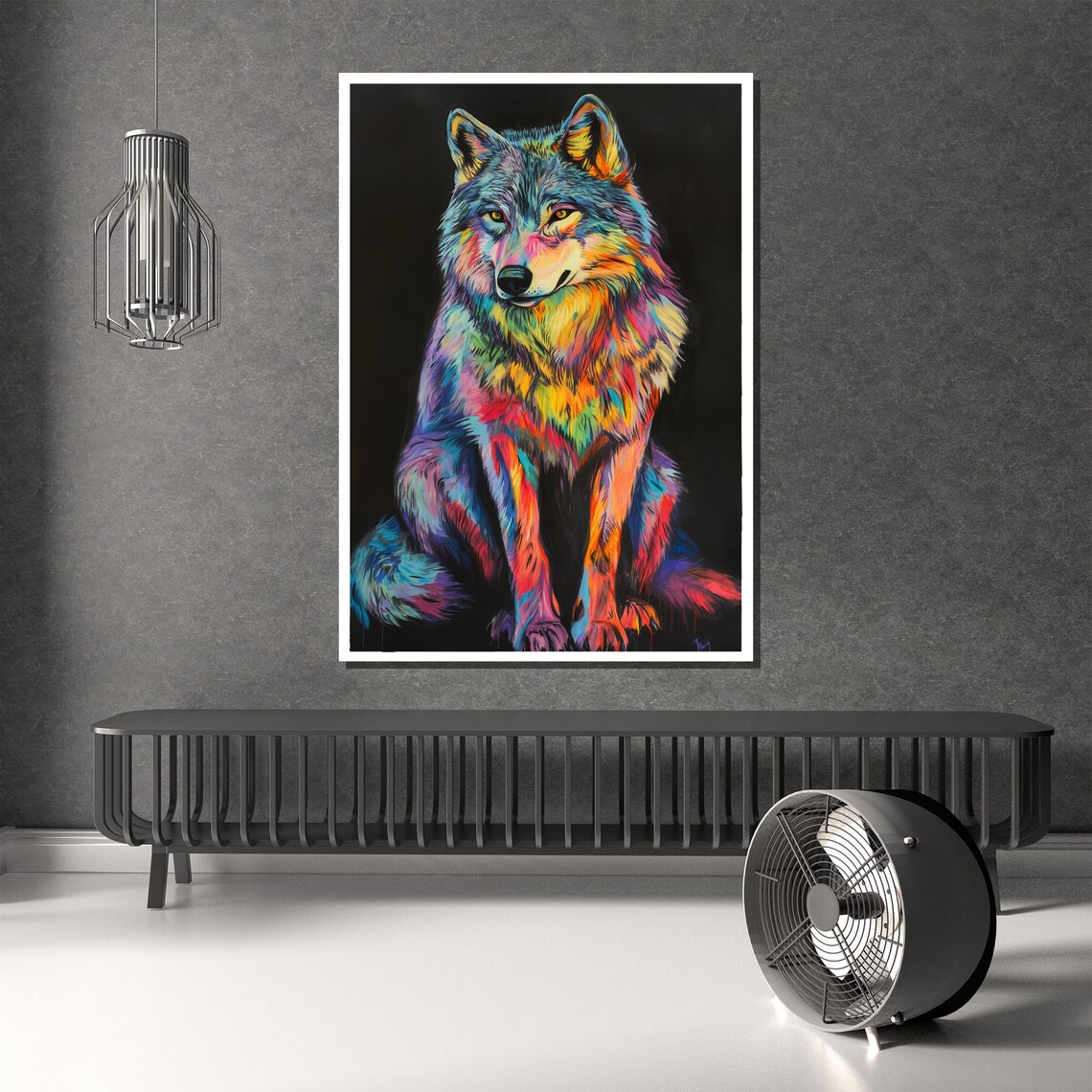 Rainbow-Colored Wolf Portrait on Black Vivid Abstract Wildlife Poster - Image 2