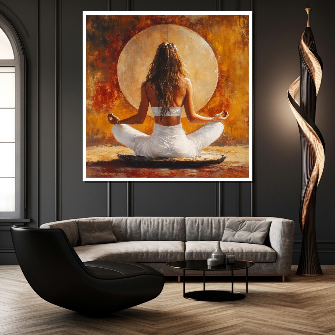 Woman Meditating Before a Golden Sun Oil Painting Style Poster - Image 2
