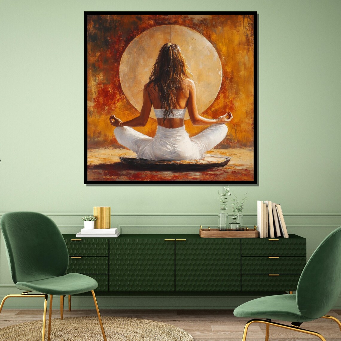 Woman Meditating Before a Golden Sun Oil Painting Style Poster - Image 4