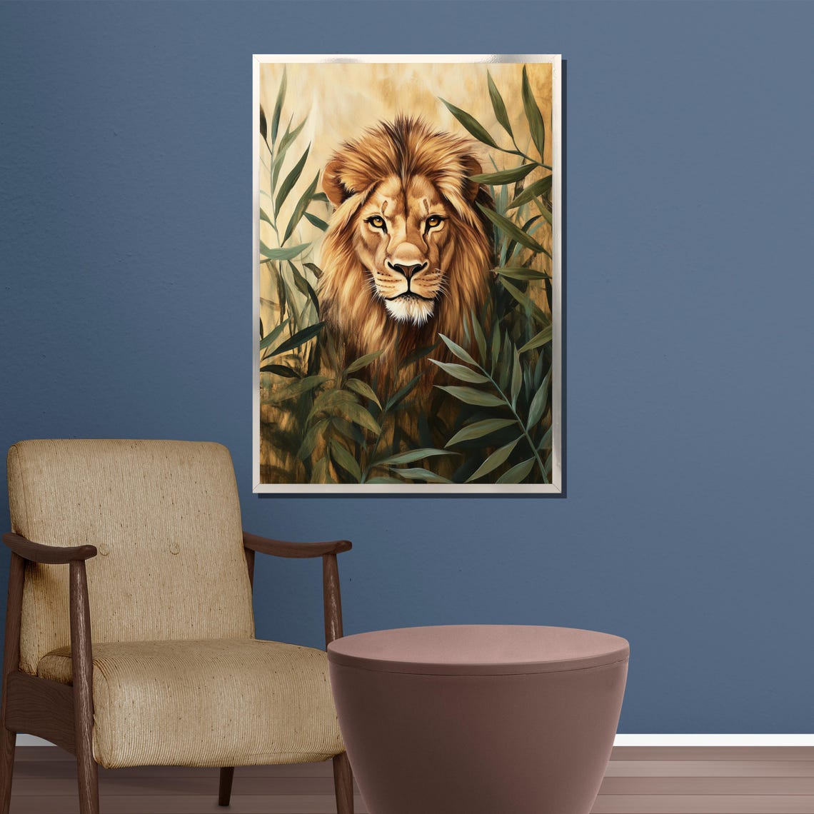 Golden Lion Portrait Emerging From Lush Bamboo Foliage Poster - Image 3