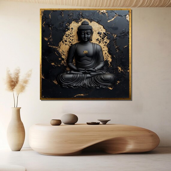 Black Buddha 3D Relief Sculpture on Gold Cracked Marble Poster