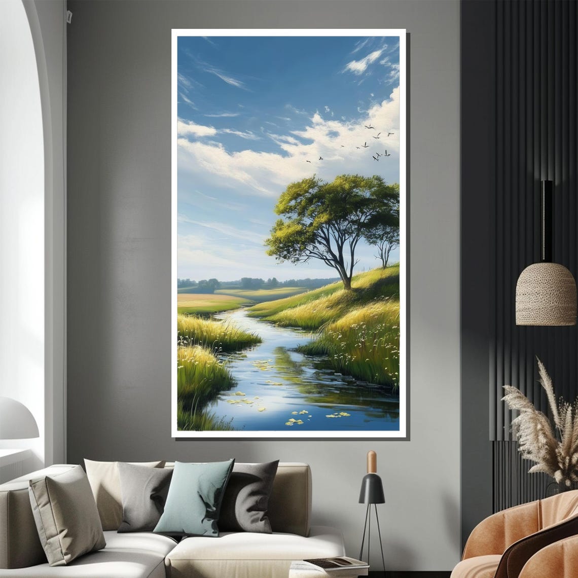Tranquil River Meadow Sunny Day Lone Big Tree Nature Art Poster - Image 2