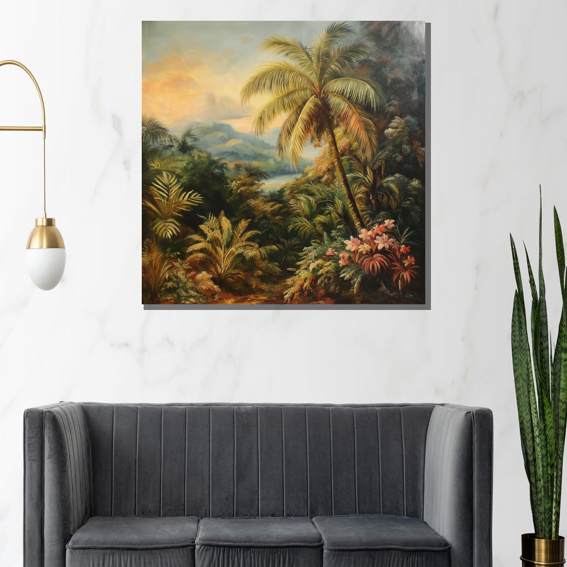 Lush Tropical Jungle Palm Trees and Misty Mountains Artwork Poster - Image 2