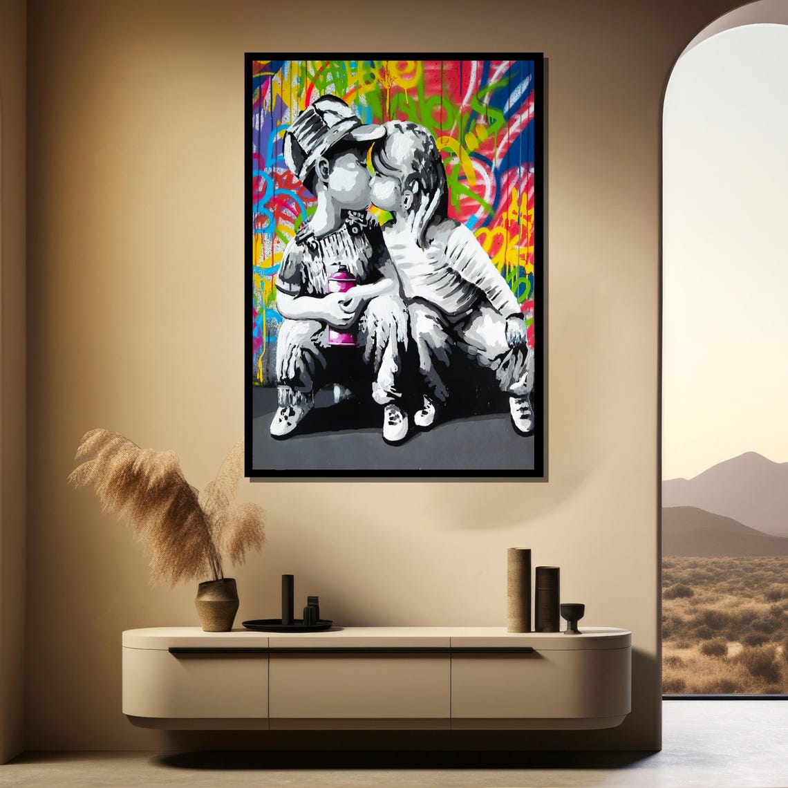 Two Kids Kissing Tenderly In Front Of A Rainbow Graffiti Wall Poster - Image 4