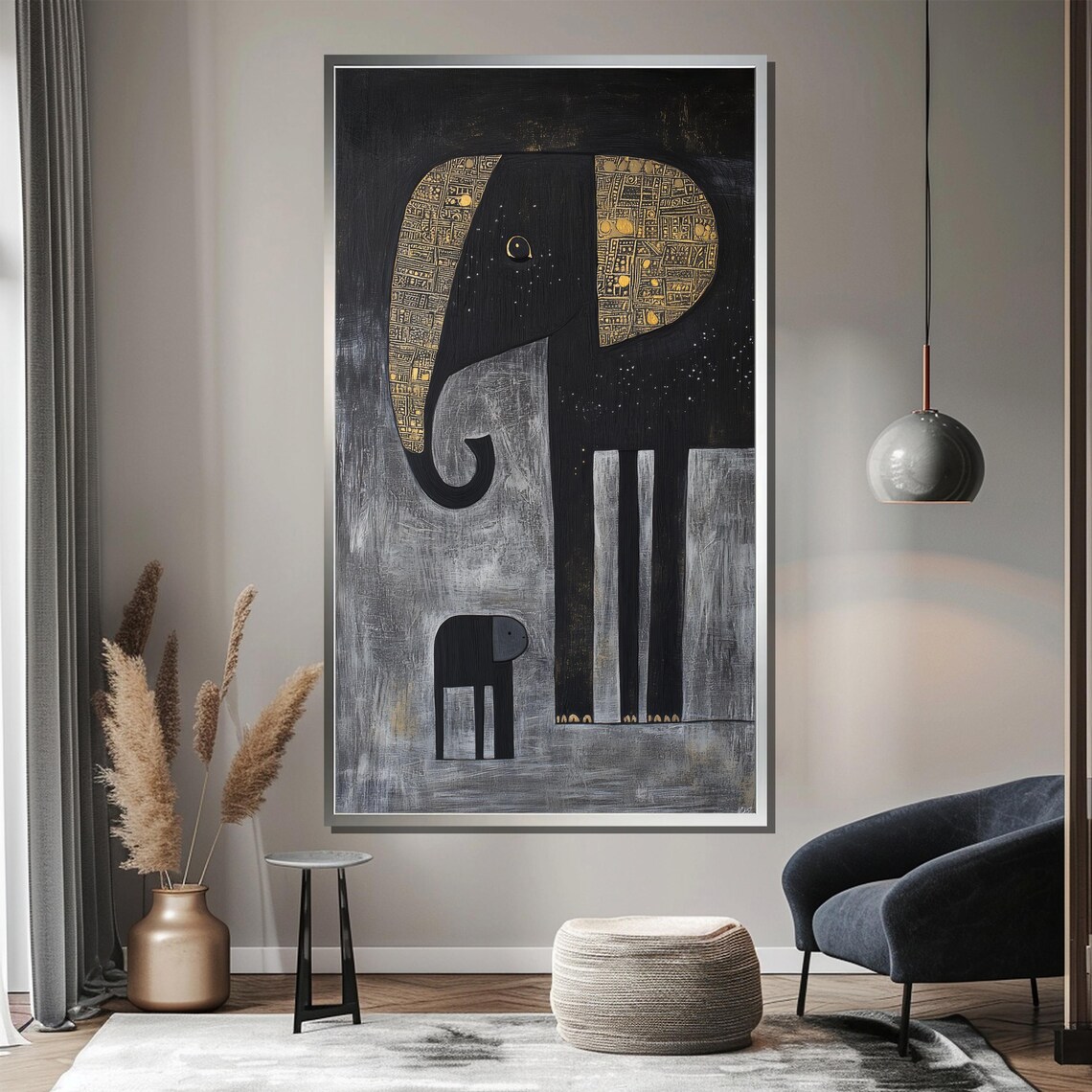 Minimalist Elephant Mother and Calf in Black and Gold Poster - Image 3