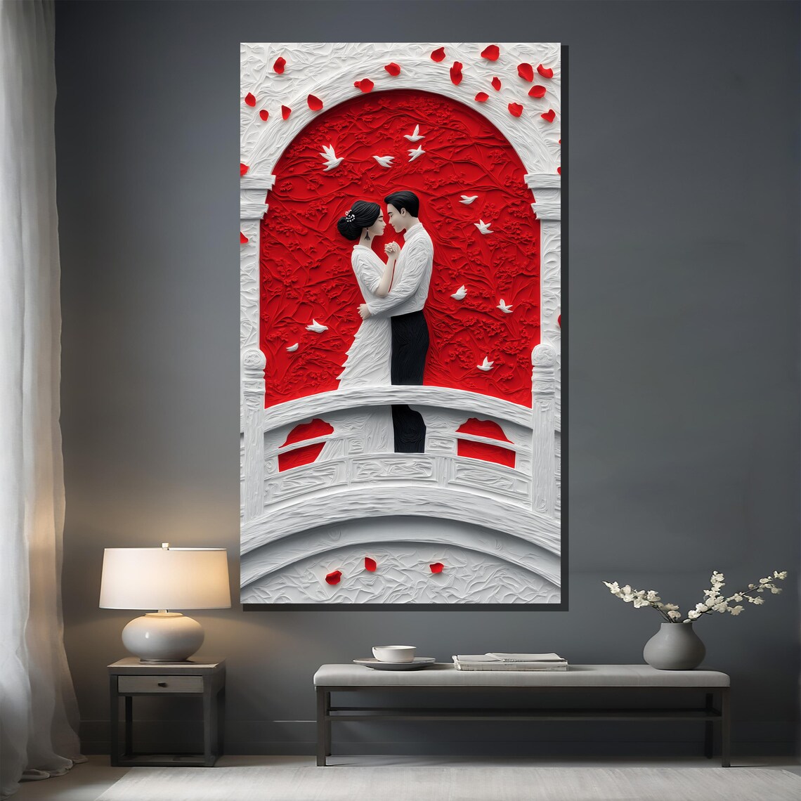 Romantic Couple On Bridge Beneath Red Moon Doves Painting Poster - Image 2