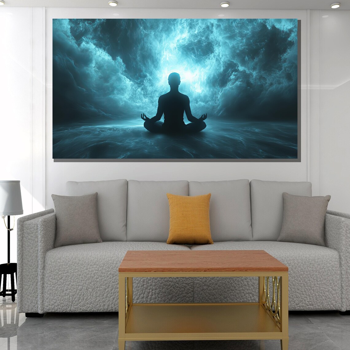 Meditation Silhouette Zen Cosmic Teal Clouds Spiritual Yoga Wall Poster - Image 2
