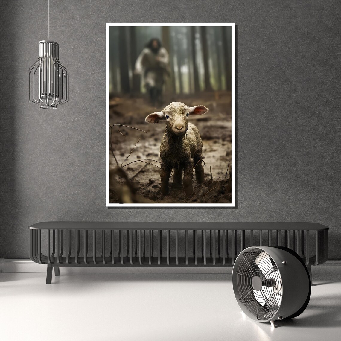 Lost Lamb in Misty Forest Path Shepherd Behind Faith Art Poster - Image 4