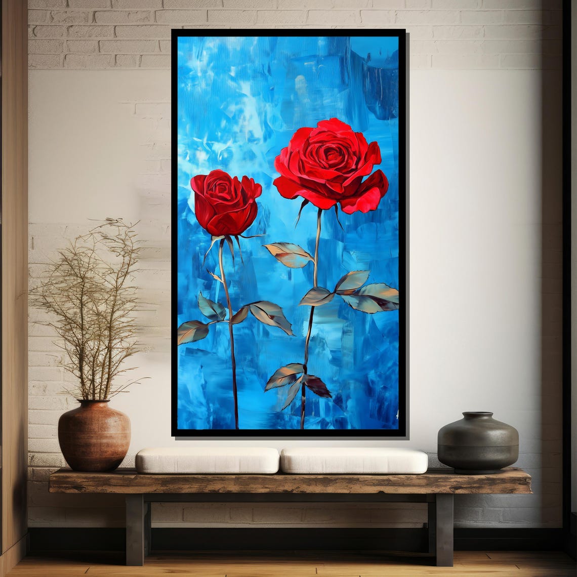Two Tall Red Roses On Vivid Blue Painterly Floral Art Poster - Image 4