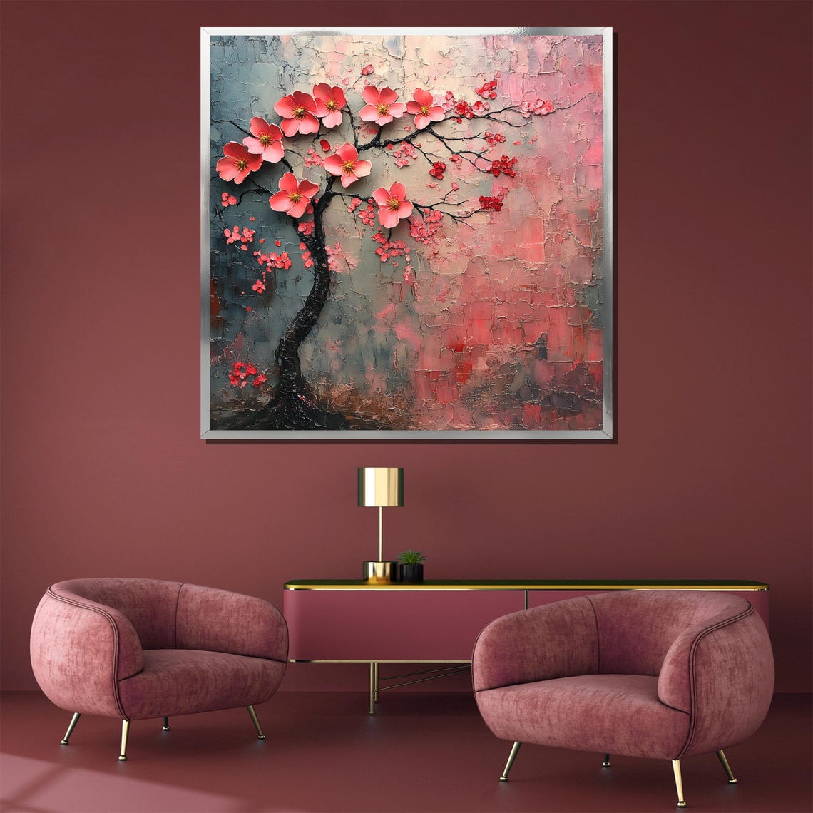 Pink Cherry Blossom Tree 3D Impasto Textured Floral Art Poster - Image 3