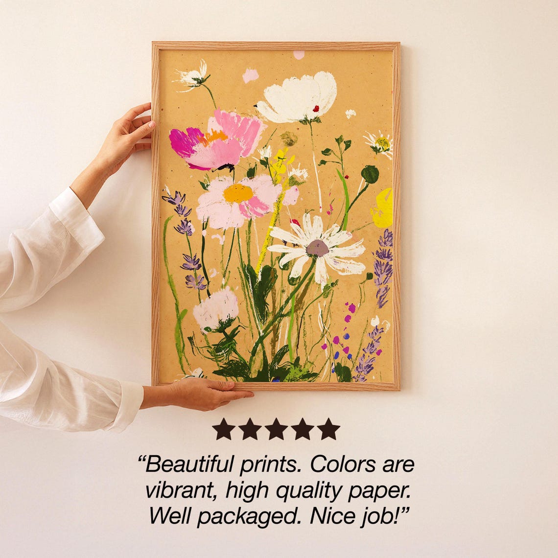 Pink Cosmos Lavender Pastel Wildflower Bouquet Floral Kraft Wall Art - Image 3