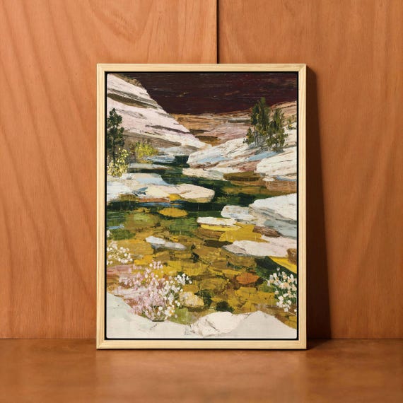 Landscape Wall Art Abstract Mountain River Painting Canvas Print Rustic Nature Artwork Modern Decor Framed For Living Room