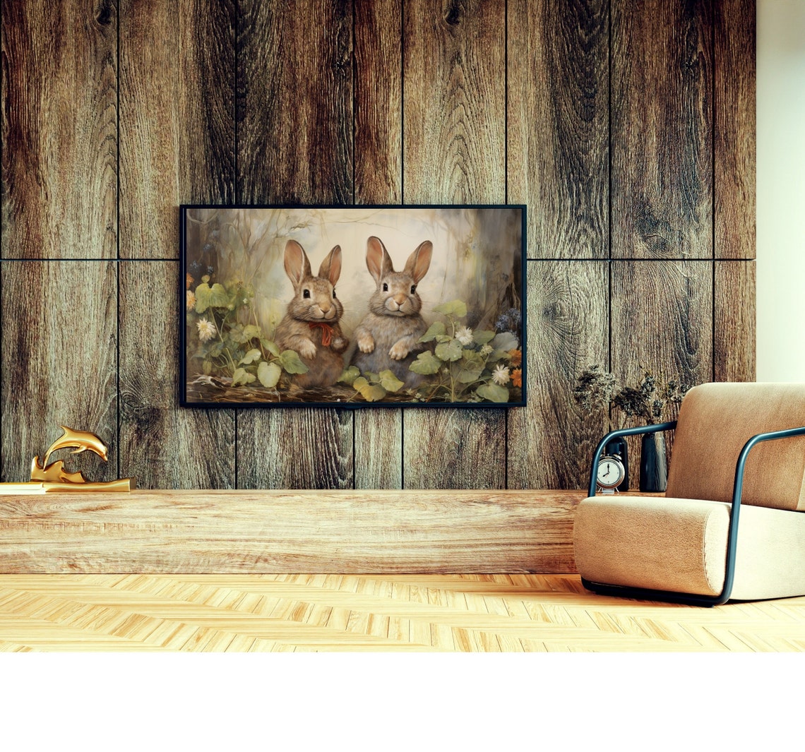 Two Cute Fluffy Bunnies Spring Garden Easter Bunny Rabbit Wall Art - Image 2