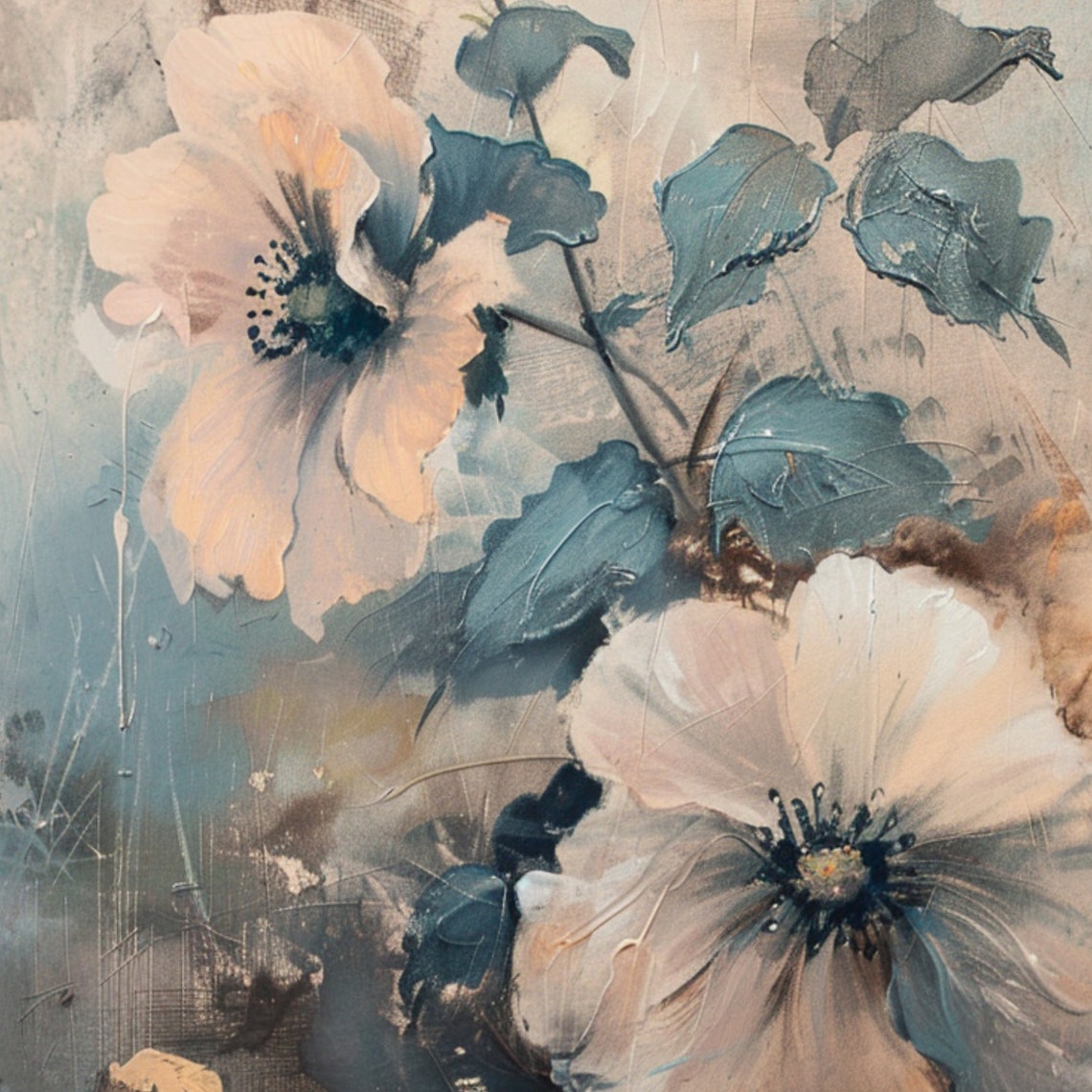 White Hollyhock Blooms Muted Blue Vintage Floral Painting Wall Poster - Image 3